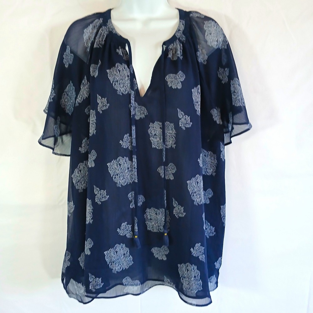 Lane Bryant Top Blue White Floral Sheer Tunic V Neck Tie Tassel Sz L Casual Work